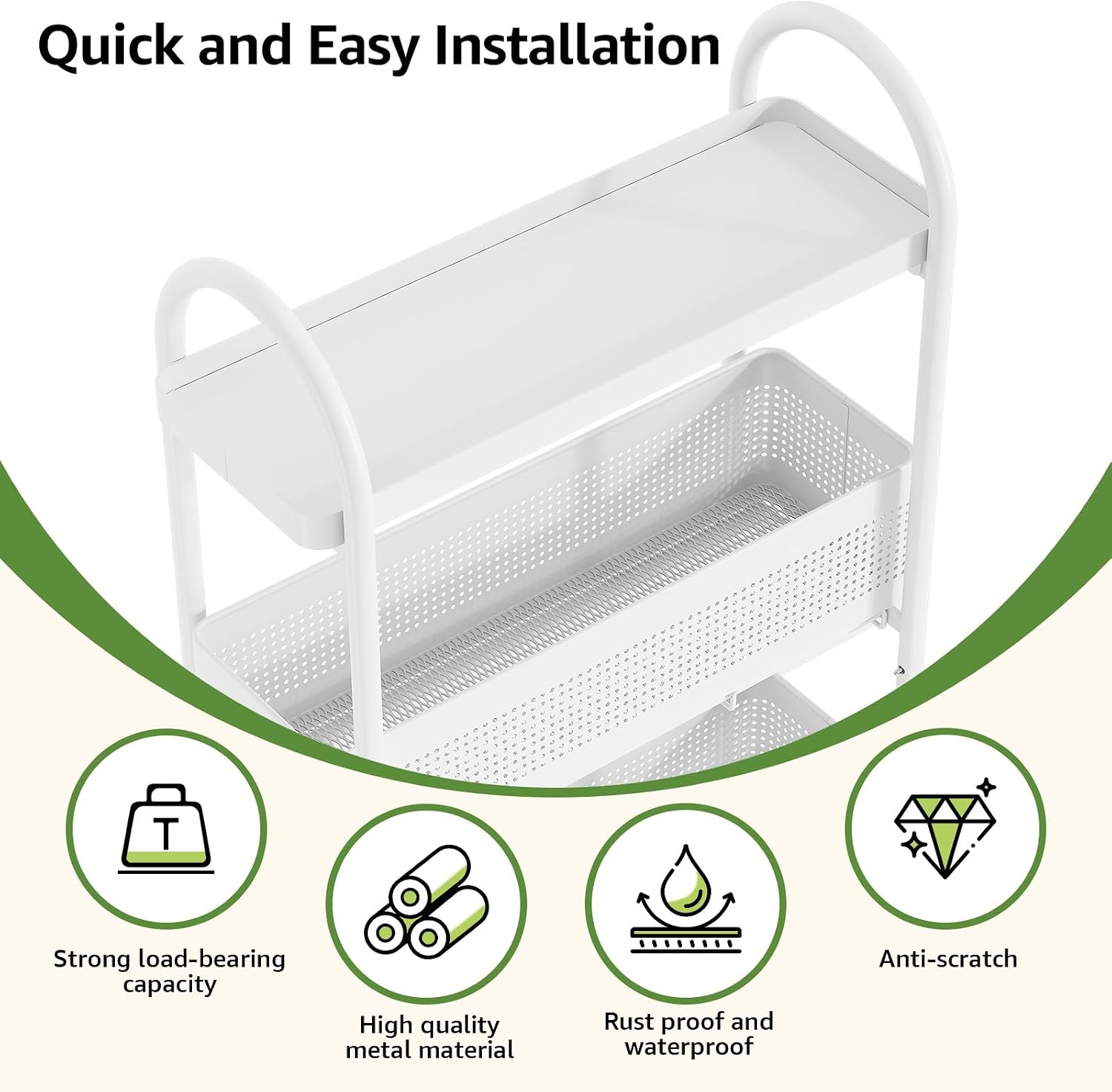 KINGRACK 4 Tier Slim Rolling Cart with Drawer, Metal Utility Storage Cart | 2 Pull-out Baskets, Lockable Wheels, Narrow Space Trolley Organizer for Bathroom, Kitchen, Office, Dorm, Laundry Room, White
