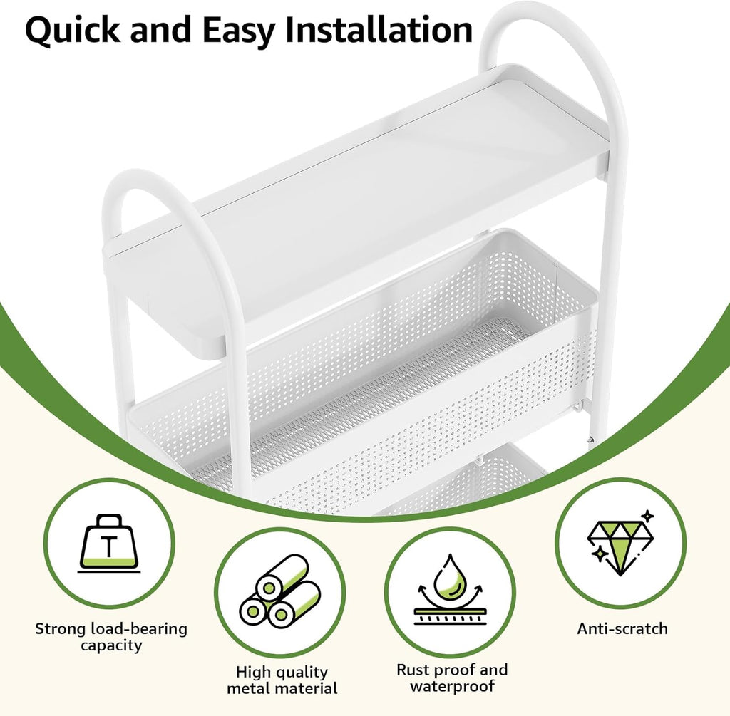 KINGRACK 5-Tier Slim Storage Cart with Pull Out Basket, Rolling Bathroom Organizer Utility, Metal Shelving Unit Slide Out, Lockable Wheels, Easy Assembly for Narrow Place, Kitchen, Laundry Room, White