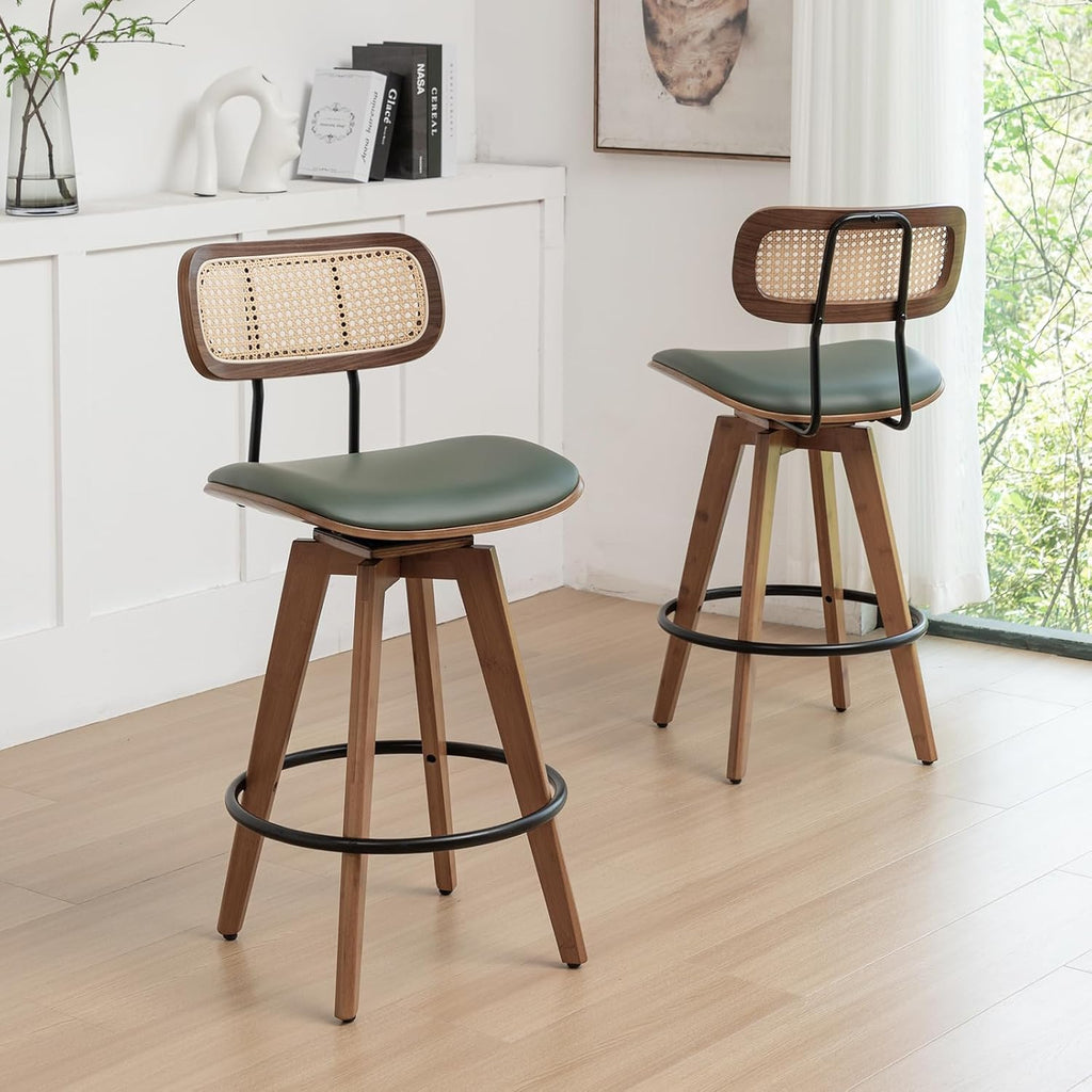 26" Rattan Bar Stools Set of 2, Faux Leather Counter Height Swivel Barstools with Rattan Backrest/Wooden Legs,Armless Mid Century Modern Bar Chairs for Kitchen/Dining Room/Bar Chairs,Green PU