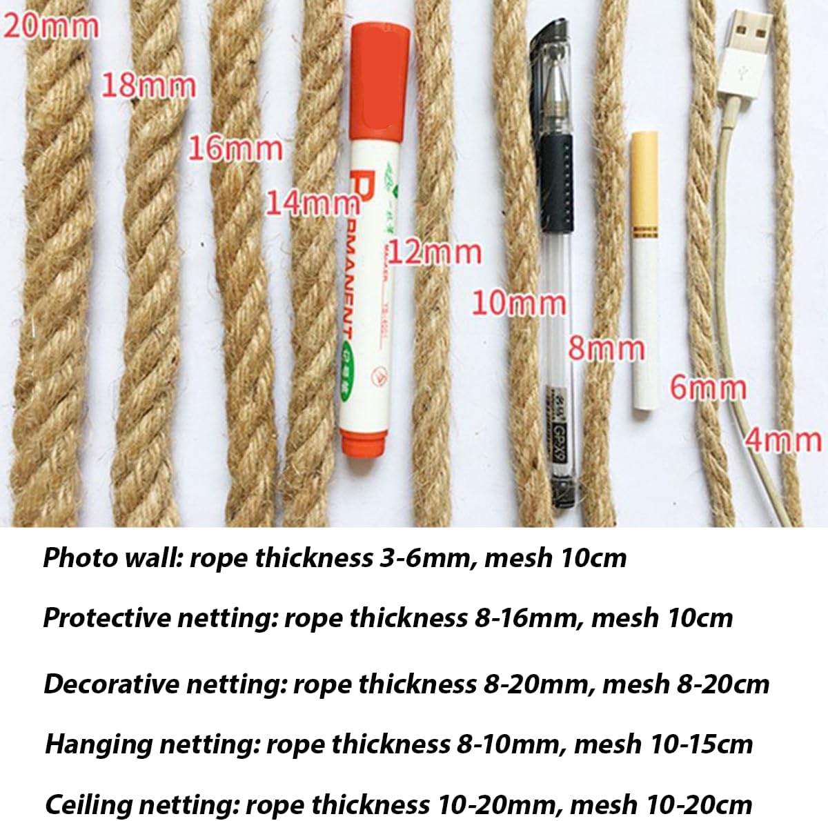 Natural Jute Hemp Rope Net,8mm Thick Safety Anti-Fall for Children Pet,Balcony Stairs Garden Playground Protection Net,Indoor & Outdoor Decor (Size:3M*10M(9.8FT*32.8FT))