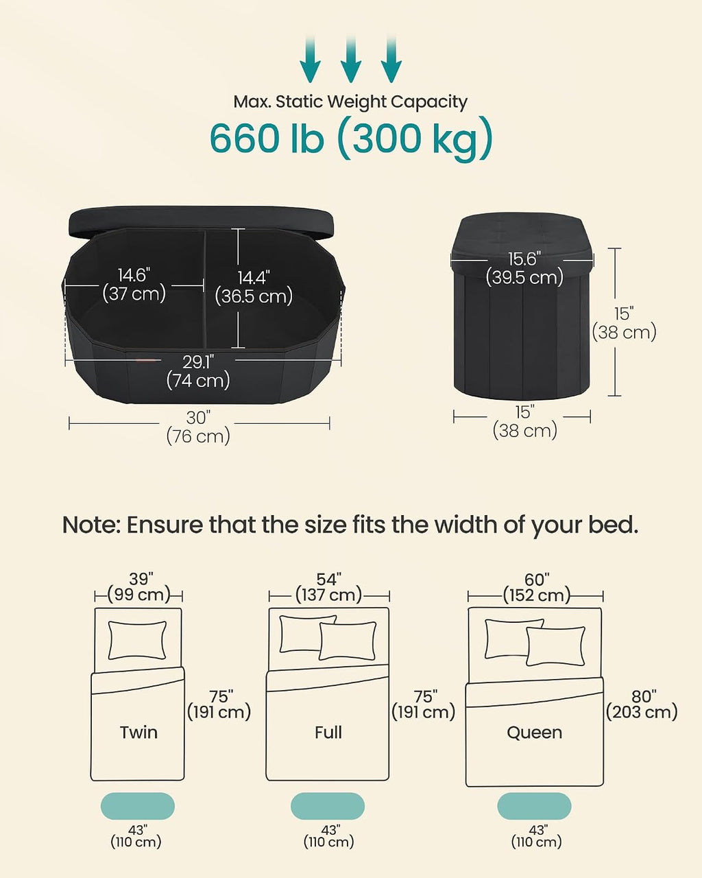 SONGMICS Mazie Collection - Folding Ottoman with Storage, Oval Storage Ottoman Bench, for Living Room, Bedroom, Velvet Fabric, 15 x 30 x 15 Inches, Ink Black ULSF267BH01
