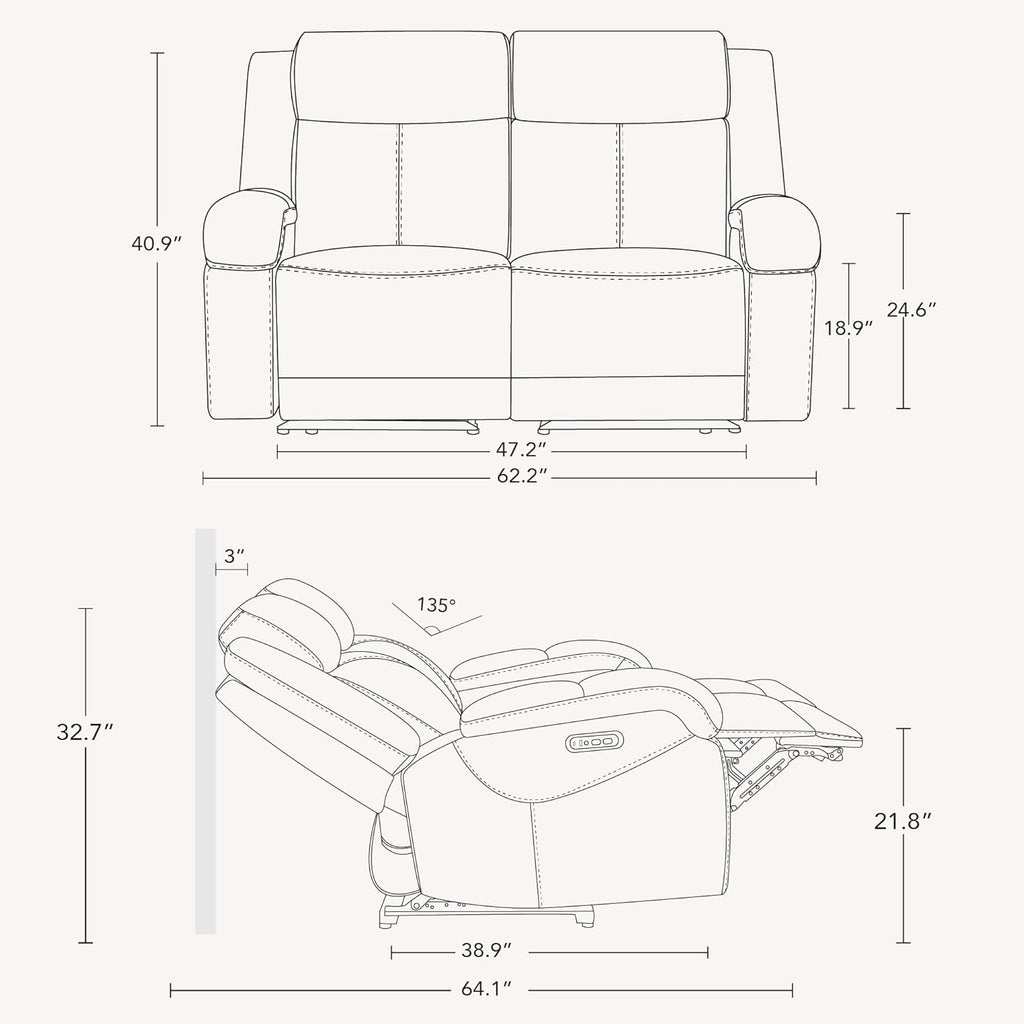 Watson & Whitely Genuine Leather Power Loveseat Recliner Sofa, 2 Seat Wall Hugger Reclining Sofa with Power Headrest & Charging Ports, Dual Recliner Sofas for Living Room, RV, Grey