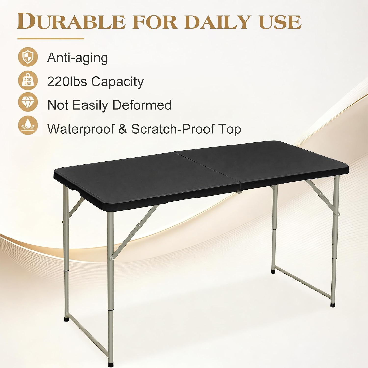 VECELO Folding Table 4 Ft, 3 Adjustable Height, Portable w/Handle, Black | Fold-in-Half, Heavy Duty, Space Saving, Plastic Utility Table, for Camping, Party, Dining, Indoor & Outdoor Use