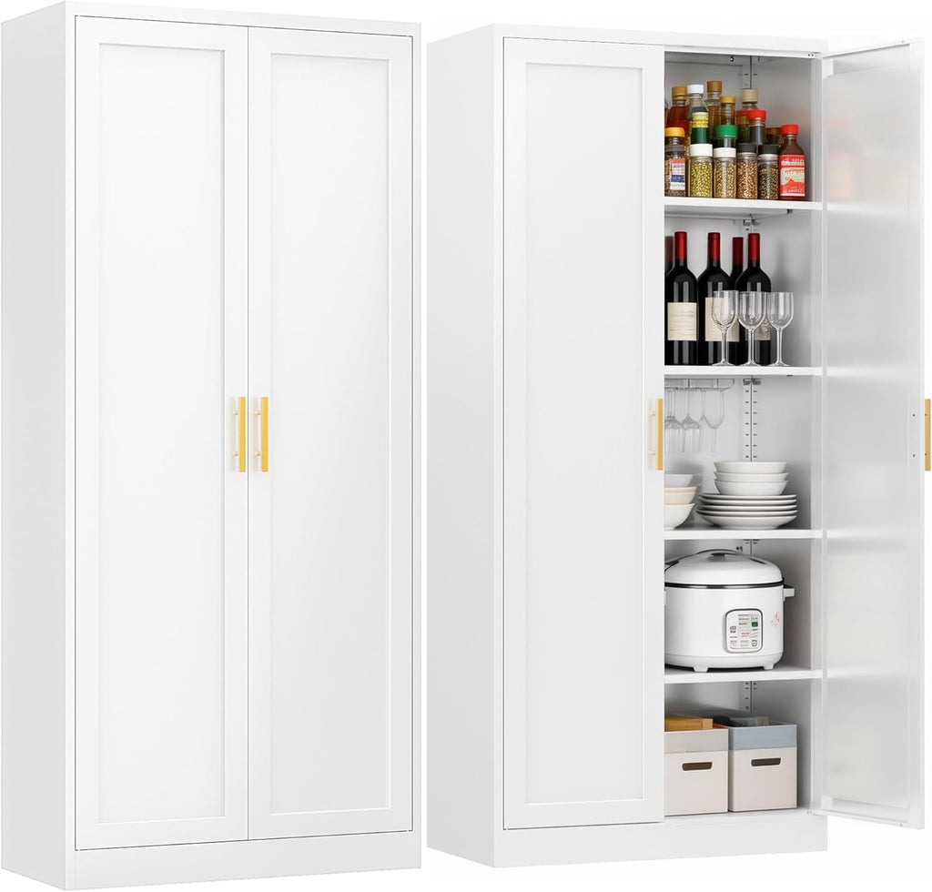 71" Tall Kitchen Pantry Cabinet, White Metal Kitchen Pantry Storage Cabinet with Doors and 4 Adjustable Shelves, Freestanding Pantry Cupboard for Living, Dining Room, Kitchen