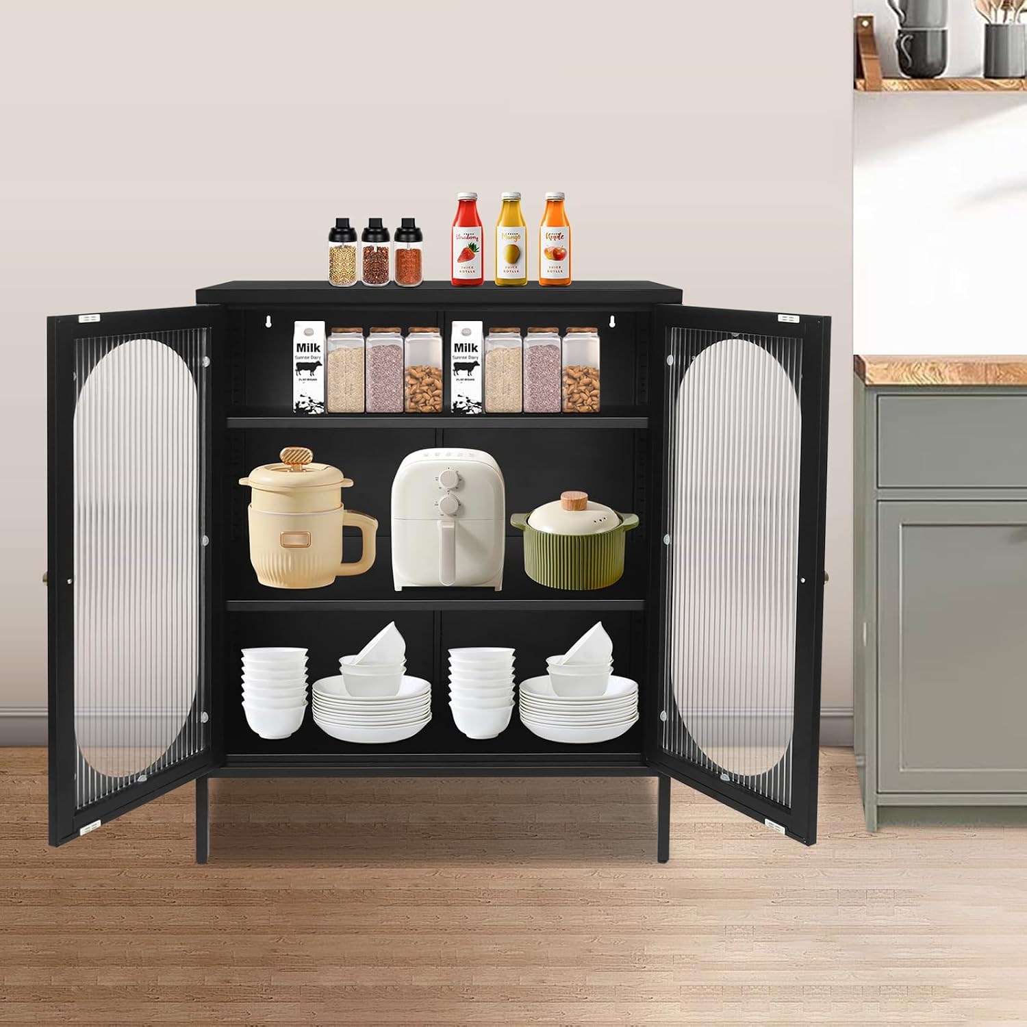 Xuthusman 3 Tier Floor Storage Cabinet, Freestanding Storage Unit with Adjustable Shelves, Magnetic Doors Kitchen Accent Cabinet Kitchen Organizers and Storage for Bathroom（Black）