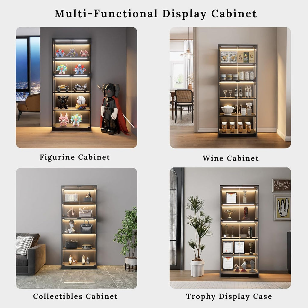 Display Cabinet with Glass Doors, 5-Tier 65" Glass Display Cabinet with LED 3-Color Lights & Human Body Sensor, Curio Cabinet with Textured Wood Shelves for Collectibles,Black Iron Frame