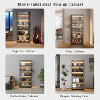 Display Cabinet with Glass Doors, 5-Tier 65" Glass Display Cabinet with LED 3-Color Lights & Human Body Sensor, Curio Cabinet with Textured Wood Shelves for Collectibles,Black Iron Frame