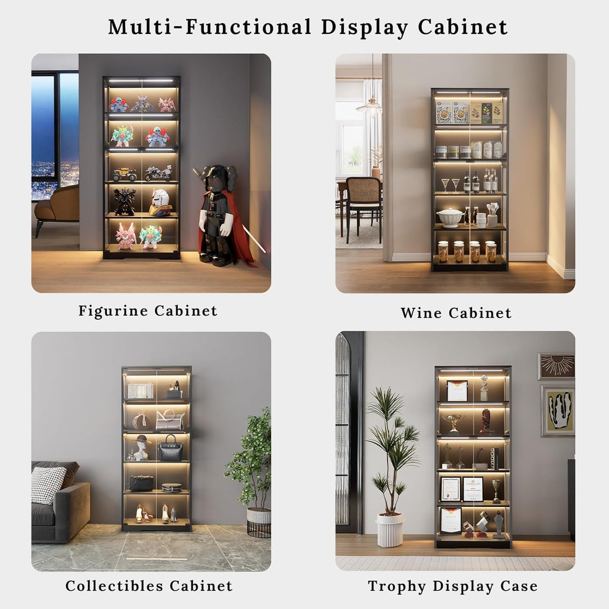 Display Cabinet with Glass Doors, 5-Tier 65" Glass Display Cabinet with LED 3-Color Lights & Human Body Sensor, Curio Cabinet with Textured Wood Shelves for Collectibles,Black Iron Frame