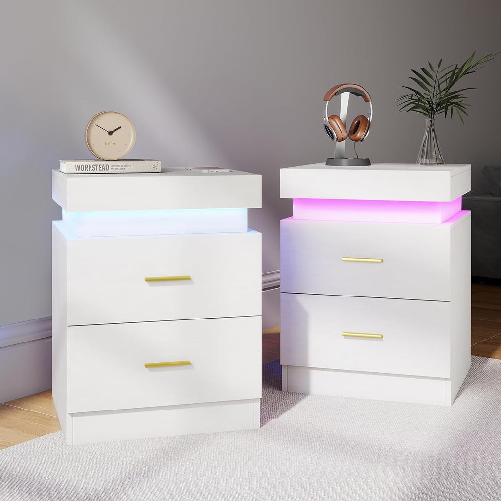 Night Stand Set of 2, 18'' LED Nightstand with Charging Station, Modern Wooden Bedside Table with Hidden Drawer, Sliding Top & 2 Drawers, White End Side Table for Bedroom Living Room