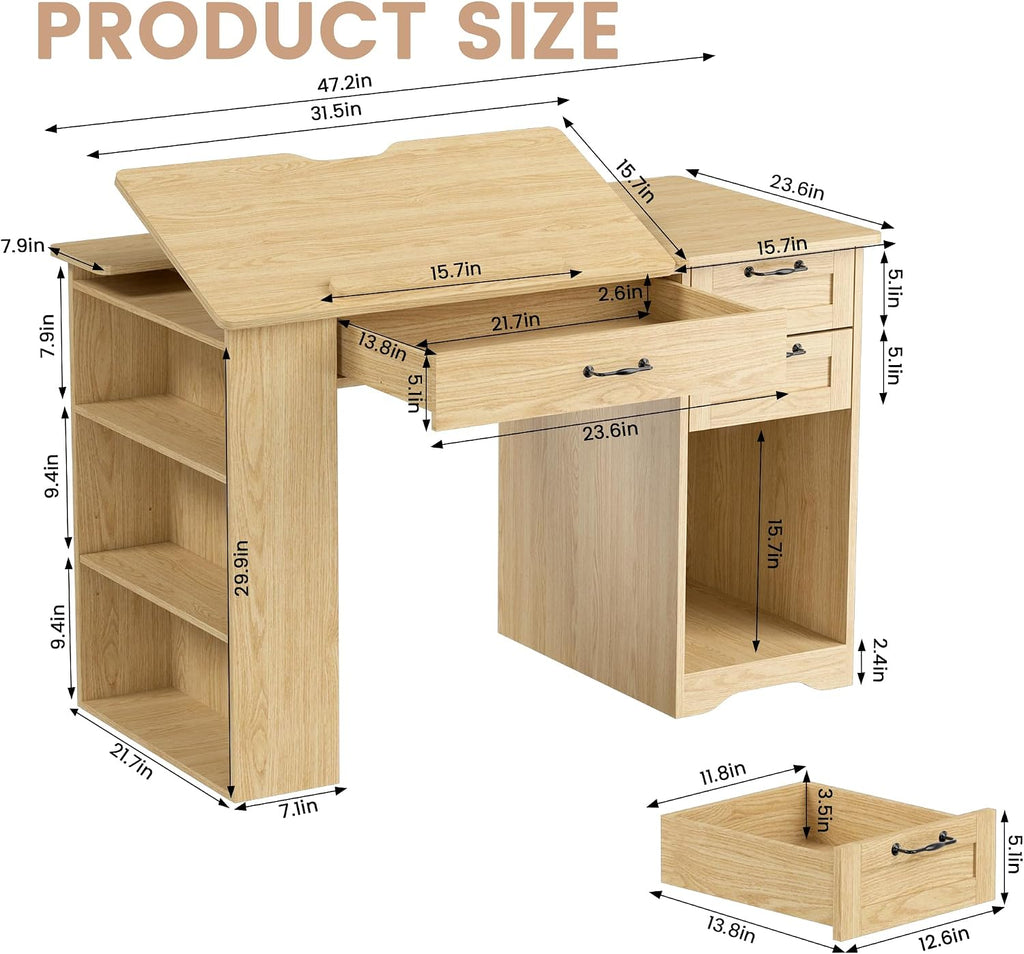 Drafting Table with Storage Cabinet & Drawers, Adjustable Drawing Desk with Open Shelves, Craft Table Painting Desk for Artists, Painters, Drawing, Crafting, Reading, Writing, Working