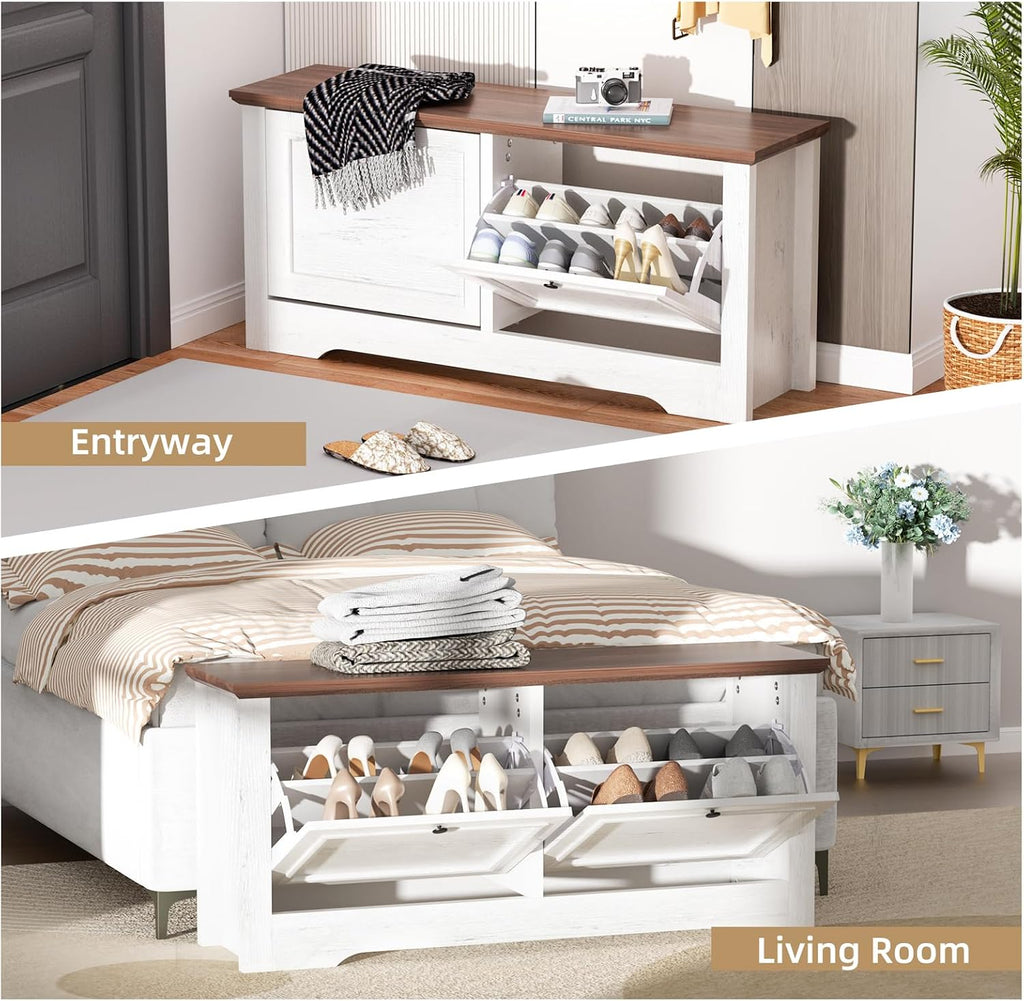 Shoe Storage Bench with Seat, Entryway Shoe Cabinet with Drawers | Flip Drawers and Hidden Storage, Comfortable Seating for Entryway, Hallway, Foyer and Small Spaces