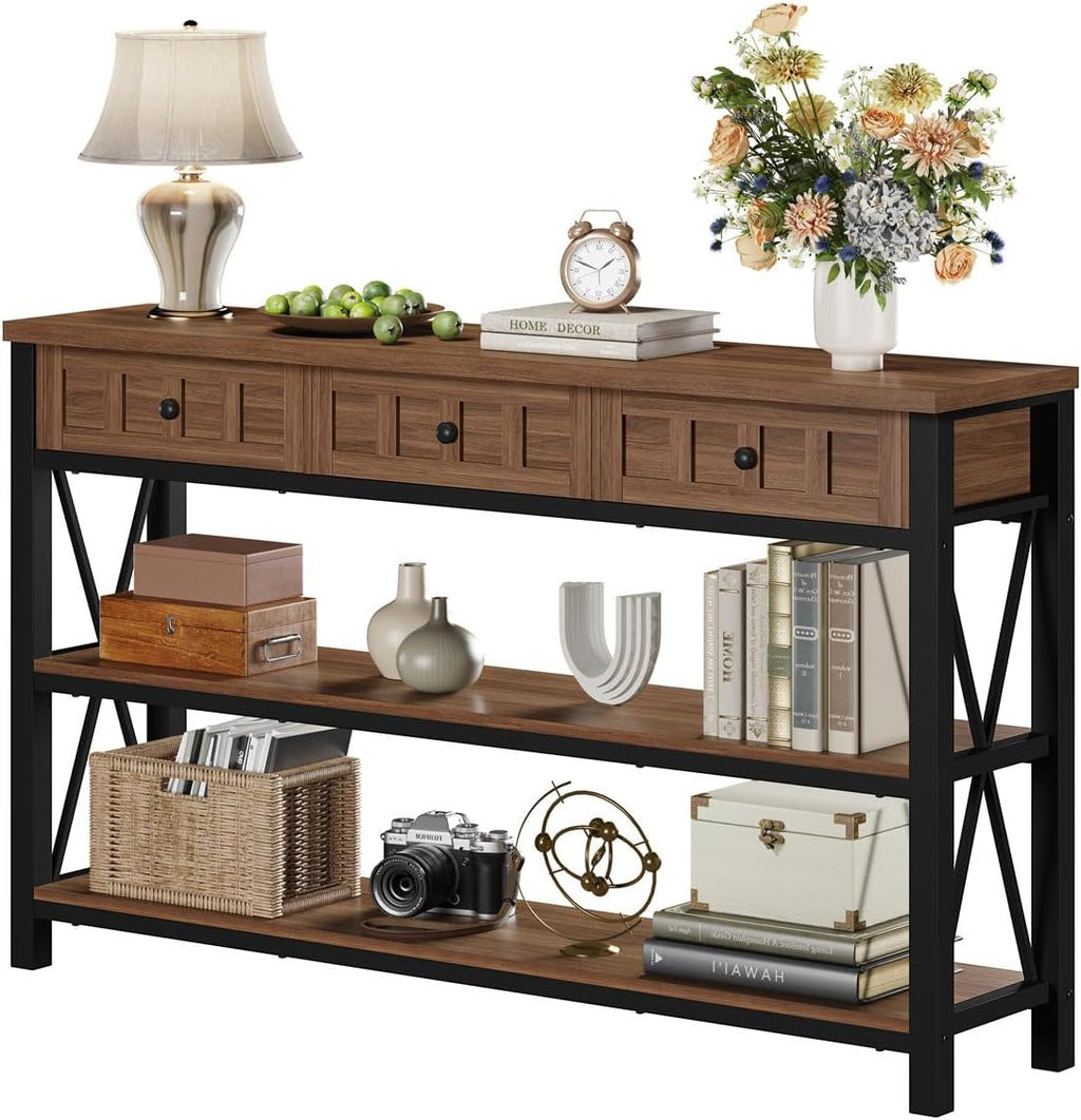 FATORRI Console Table for Entryway, Farmhouse Sofa Table with 3 Drawers for Living Room, Wood and Metal Hallway Tables with Storage and Couch Tables Behind Sofa (54.72 Inch Long, Medium Walnut)
