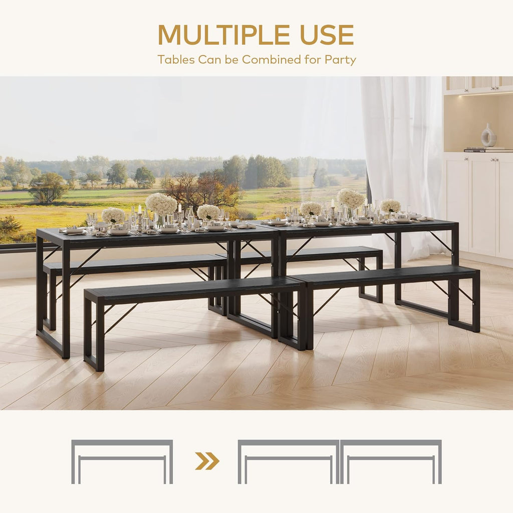 Gizoon 45.5" Dining Table Set for 4, Kitchen Table with 2 Benches Black | Space-saving black 4-person table set with 2 benches. Steel frame & MDF board. Benches tuck under table. 330lbs capacity.