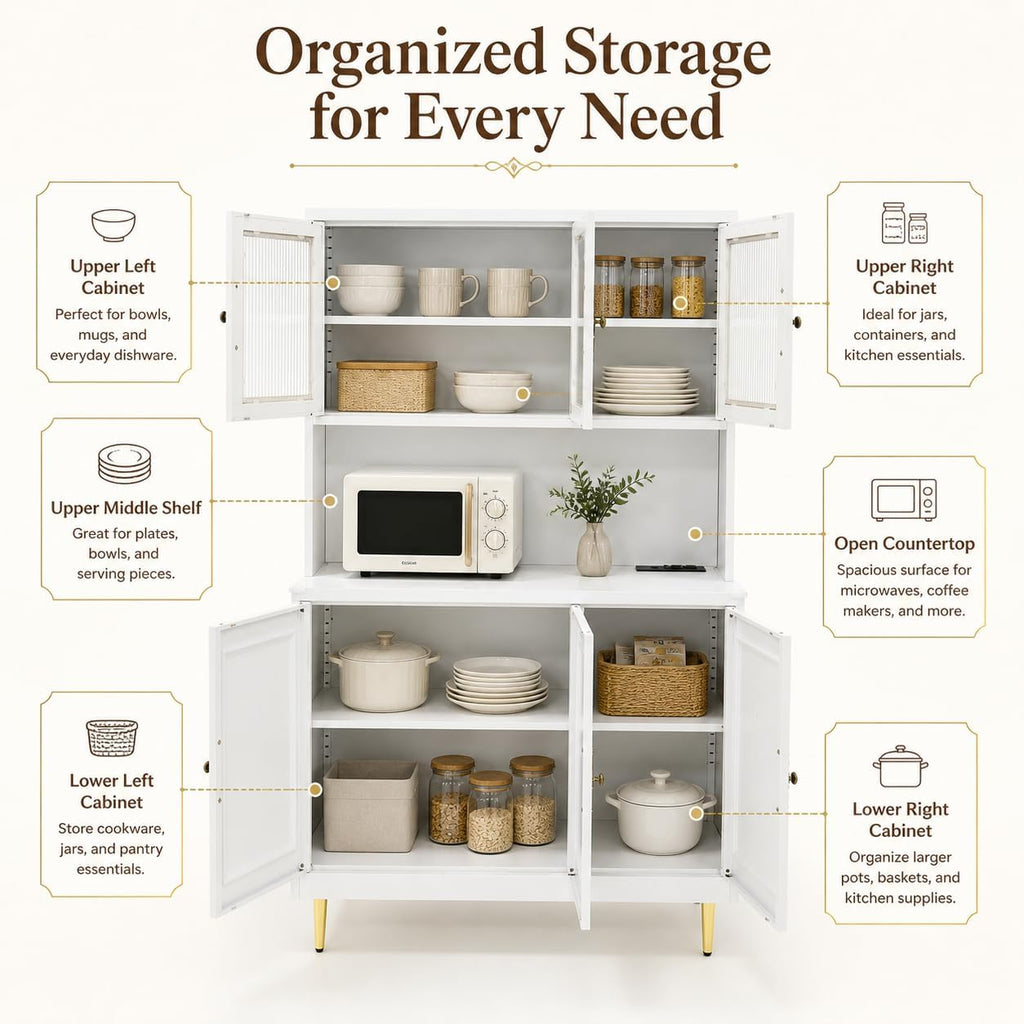 AUN Metal Pantry Cabinet with Charging Station - 68" Multi-Scene Storage Cabinet for Kitchen, Coffee Bar, Dining Room | Adjustable Shelves & Soft-Close Doors,White