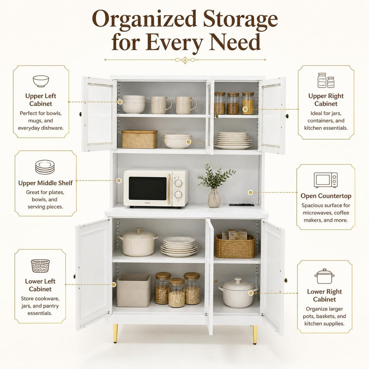 AUN Metal Pantry Cabinet with Charging Station - 68" Multi-Scene Storage Cabinet for Kitchen, Coffee Bar, Dining Room | Adjustable Shelves & Soft-Close Doors,White