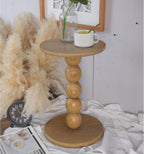 dwellington Small Round Wooden Side Table with Stacked Ball Pedestal Base, 12.4 X17.32 Accent Nightstand for Living Room, Bedroom, Corners (Natural)