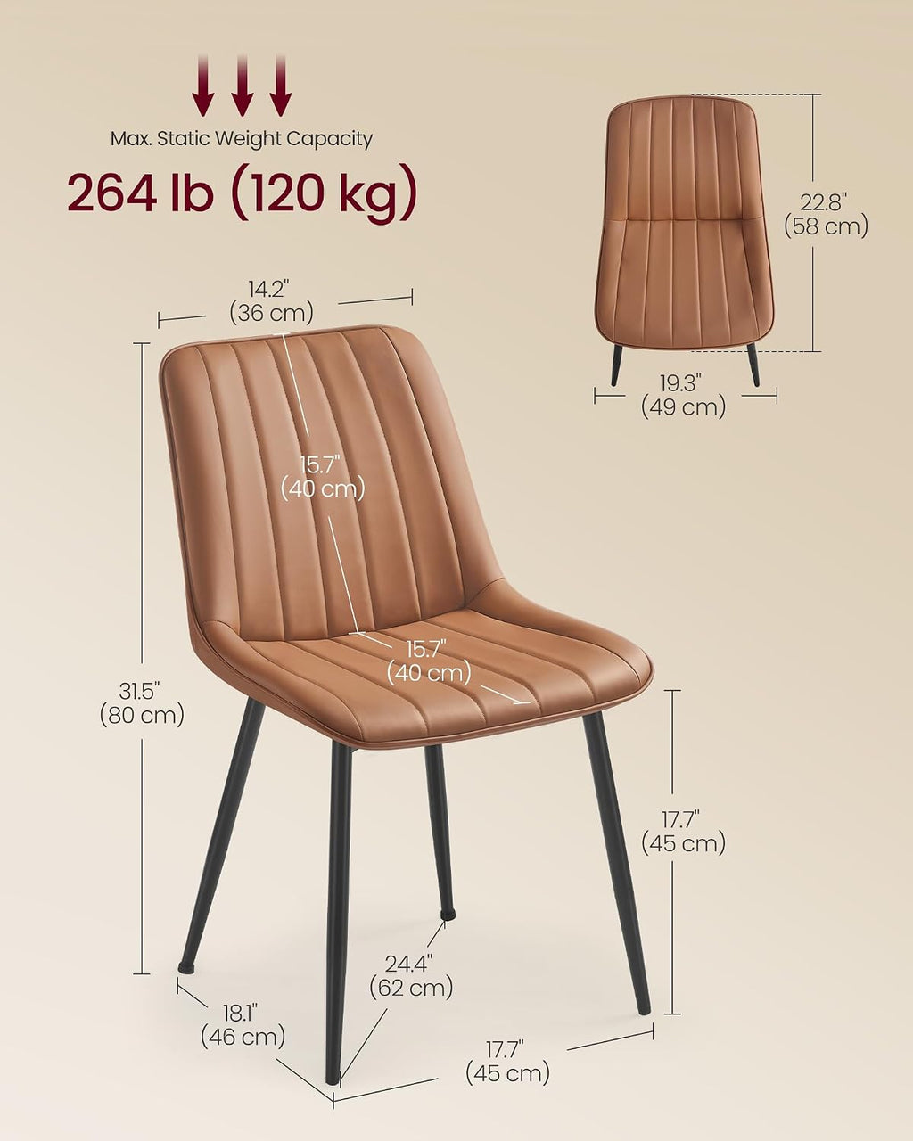 VASAGLE Dining Chairs Set of 2, Upholstered Kitchen Chairs, Synthetic Leather, Max. Load 264 lb, Steel Legs, Curved Backrest, for Dining Room, Caramel Brown and Ink Black ULDC090KN03