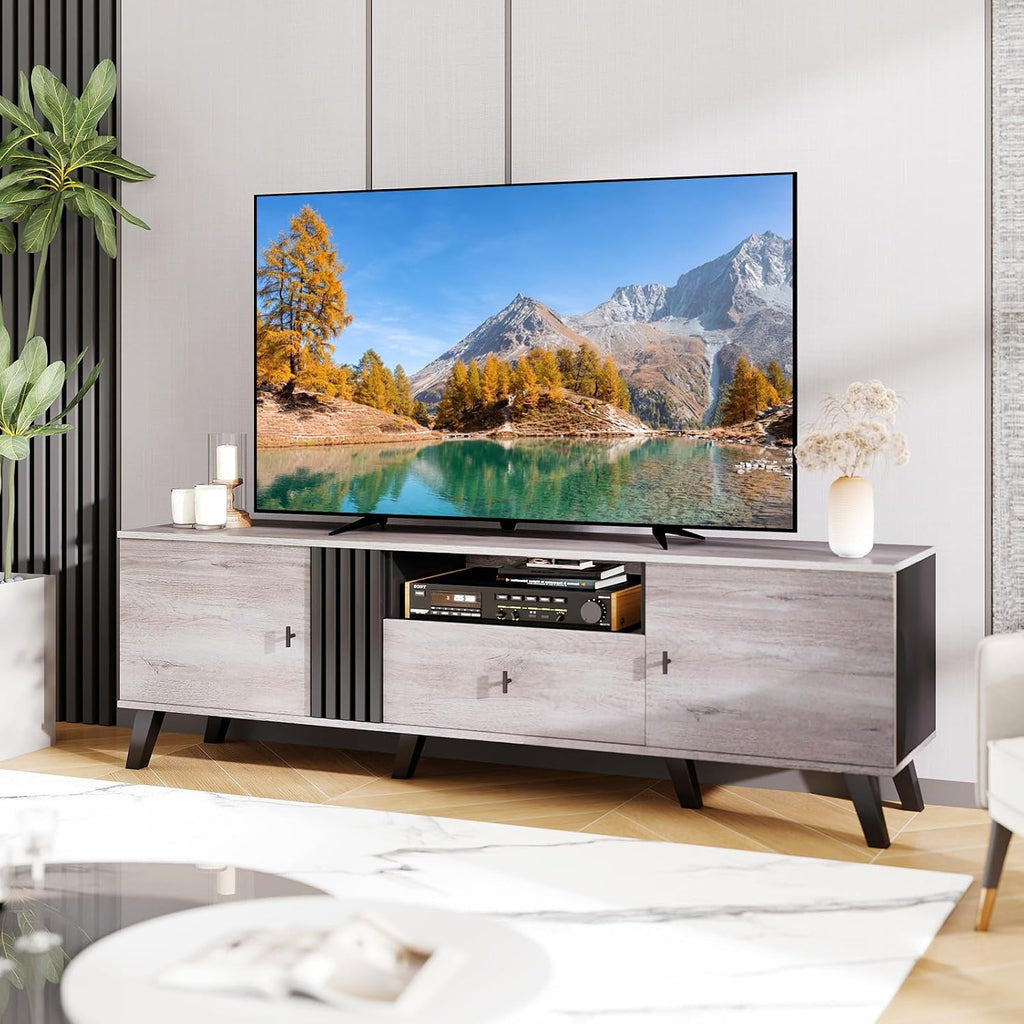 GIANTEX Mid Century Modern TV Stand for 65-80 Inch TV, Large Entertainment Center with Storage Drawer, 2 Side Cabinet &Open Shelf, Wood TV Console Table for Bedroom, Living Room