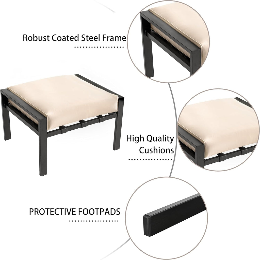 LOKATSE HOME Outdoor Patio Ottoman Metal Footstool with Soft Thick Cushion for Backyard Deck Lawn Garden, Beige