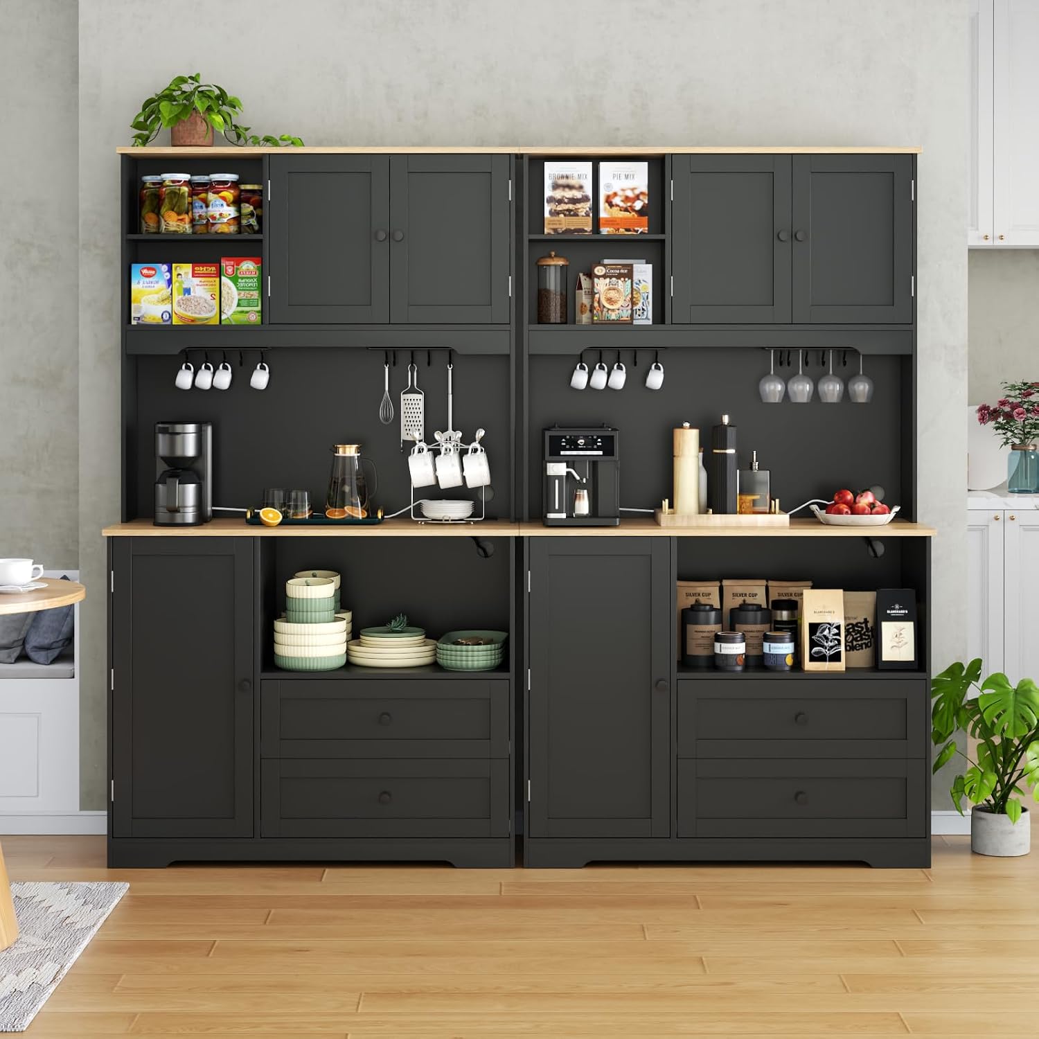 68"Tall Kitchen Pantry Storage Cabinet with Charging Station, Door & Shelf | Upgrade Pantry Cabinet with Wine & Glass Holder, Kitchen Hutch Cabinet with Microwave Stand, for Kitchen (Black)