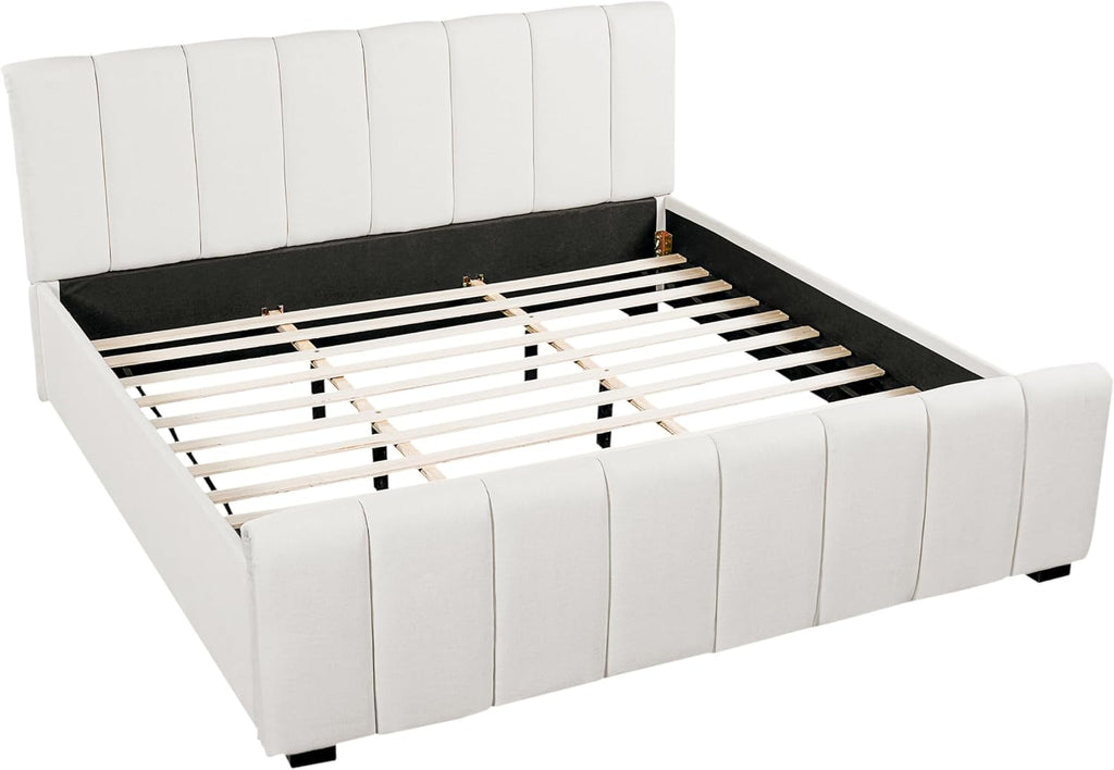 Merax King Upholstered Bed with Thick Headboard and Footboard, Beige