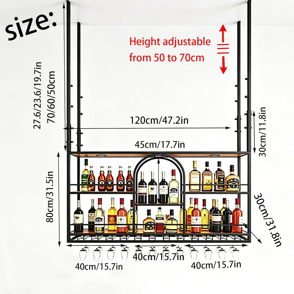 47.2in Industrial Black Metal floating Hanging Wine shelf, ceiling mounted wine rack height adjustable, Heavy Duty Metal Hanging Bottle Display for Home Bar, Kitchen, Restaurant (black, 120cm/47.2)