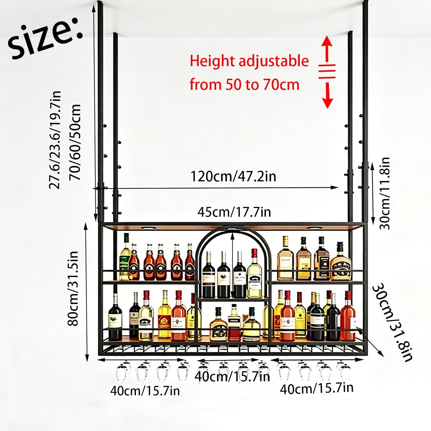 47.2in Industrial Black Metal floating Hanging Wine shelf, ceiling mounted wine rack height adjustable, Heavy Duty Metal Hanging Bottle Display for Home Bar, Kitchen, Restaurant (black, 120cm/47.2)
