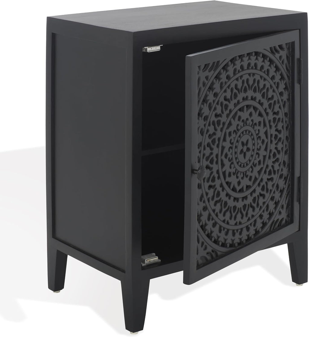 SAFAVIEH Furniture - Thea 1-Door Carved Nightstand - Black - Mango Wood - Artisan Global Design - Ideal for Bedroom, 20" W x 14" D x 26" H - Fully Assembled (NST5300D)