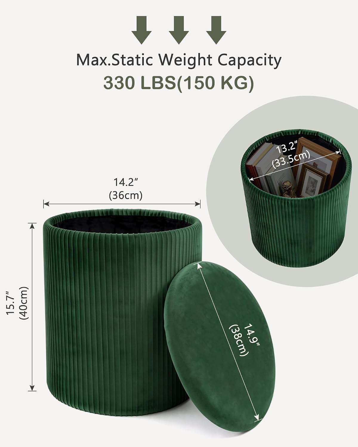 LITZFUR Round Ottoman with Storage, Velvet Foot Rest Stool, Green | Versatile Upholstered Vanity Stool, Padded Folding Storage Ottoman for Living Room, Bedroom and Dorm
