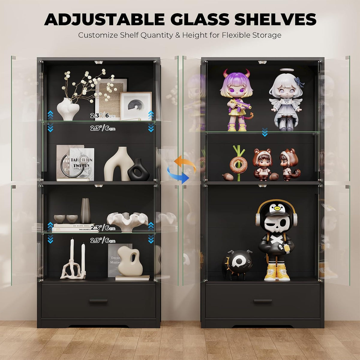 BROTTAR 4-Tier Display Cabinet with Glass Doors and Drawer for Collectibles