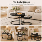 Nesting Coffee Table Set of 2，Black + Black | 27.6'' Industrial Coffee Table Nesting with Metal Frame, Round Coffee Tables for Living Room,Bedroom, Balcony