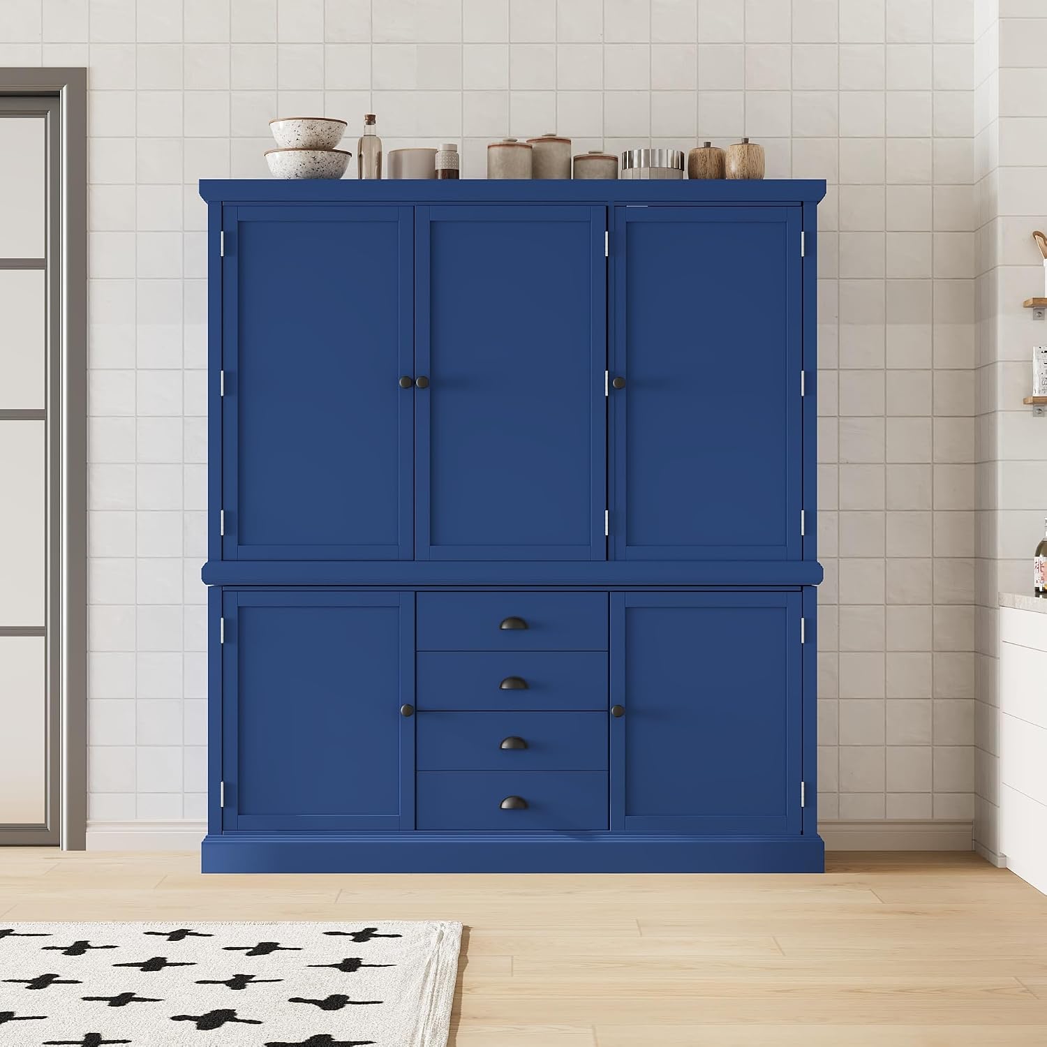 Merax 73''H Freestanding Wooden Kitchen Pantry Storage Cabinet, Organizers with 2 Upper & 2 Bottom Cabinets & 4 Drawers & 8 Adjustable Shelves, Anti-Tipping Device Cupboard for Dining Room, Blue