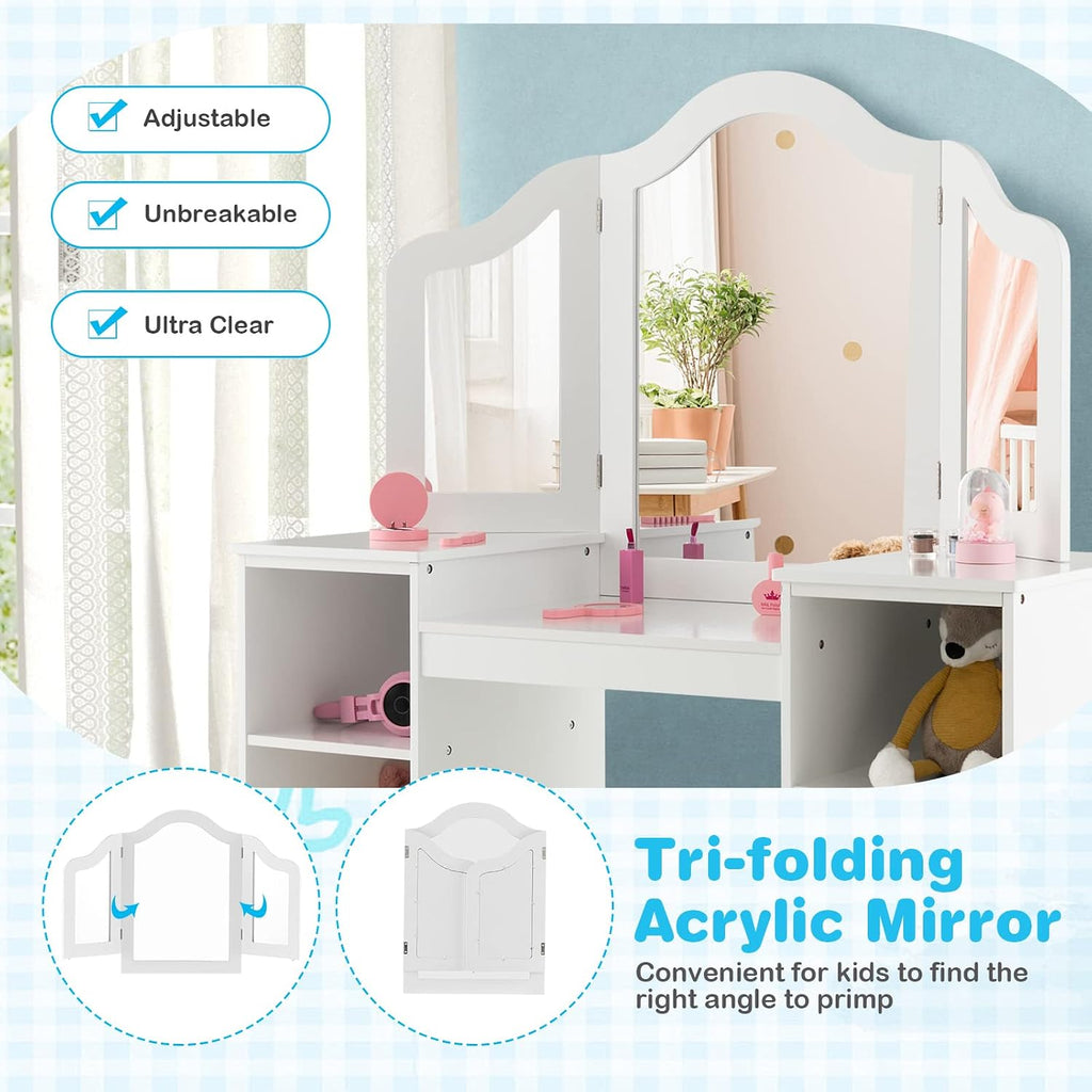 HONEY JOY Kids Vanity, Little Girls Vanity Set with Mirror and Stool, Storage Shelves, Wooden Princess Makeup Dressing Table, Toddler Vanity, Pretend Play Kids Vanity Table and Chair Set (White)