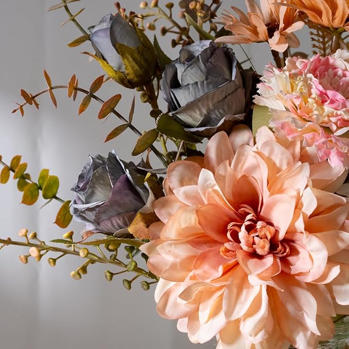 LESING Dahlia Flower Aritificial Flower with Vase Fake Silk Flowers in Glass Vase Faux Rose Flowers Arrangement for Home Office Table Centerpiece Decoration (Pink)