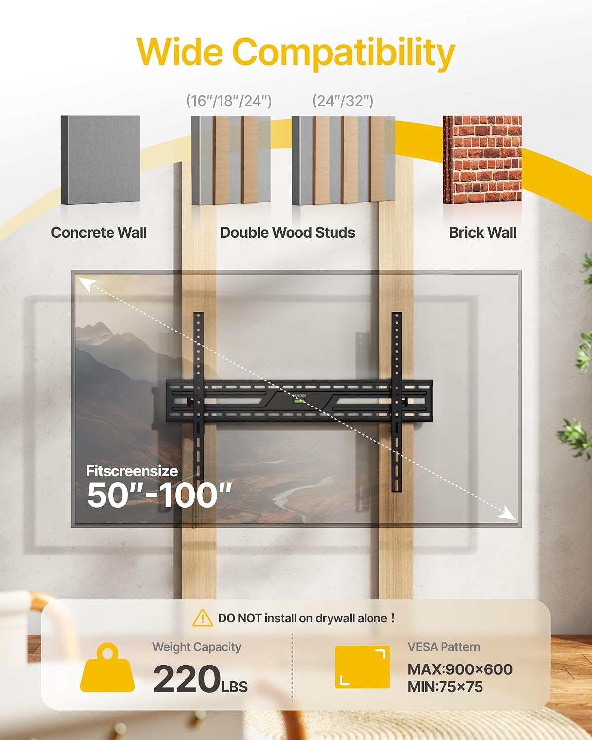 monTEK Heavy Duty Tilting TV Wall Mount for 50-100 Inch TVs up to 220lbs | 4X Safety Tested, 15° Tilt, Fits 16/18/24" Wood Studs, Max VESA 900x600mm, Living Room, Bedroom, Home Theater, Commercial Use