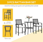 Patio Bar Set, 3 PCS Rattan Wicker Outdoor Furniture Set with Cushioned Stools and Table, Backyard Bistro Dining Set for Lawn Deck Poolside Porch Garden