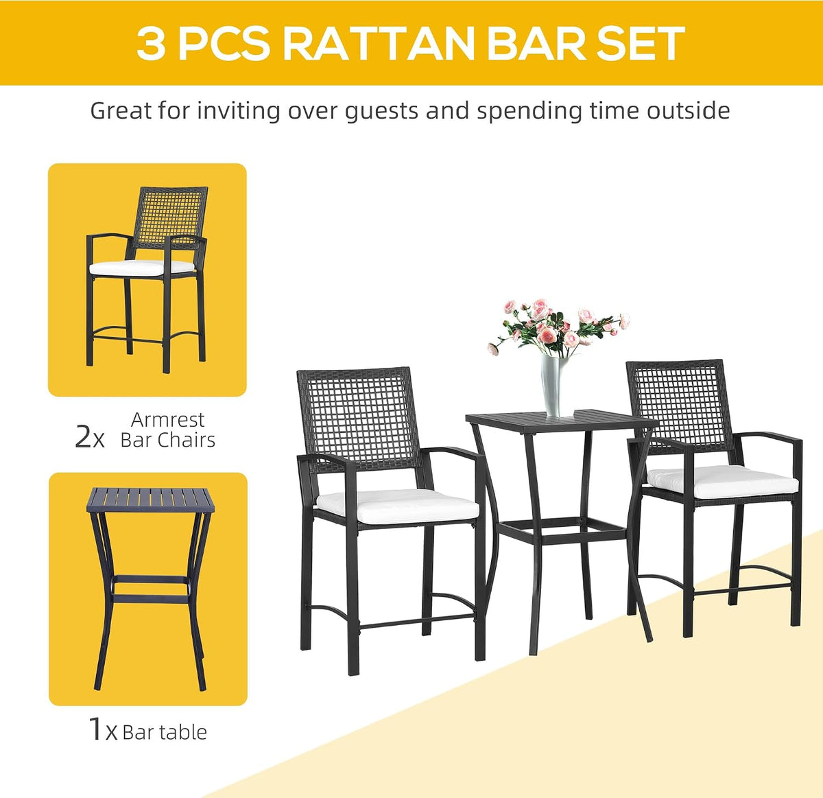 Patio Bar Set, 3 PCS Rattan Wicker Outdoor Furniture Set with Cushioned Stools and Table, Backyard Bistro Dining Set for Lawn Deck Poolside Porch Garden