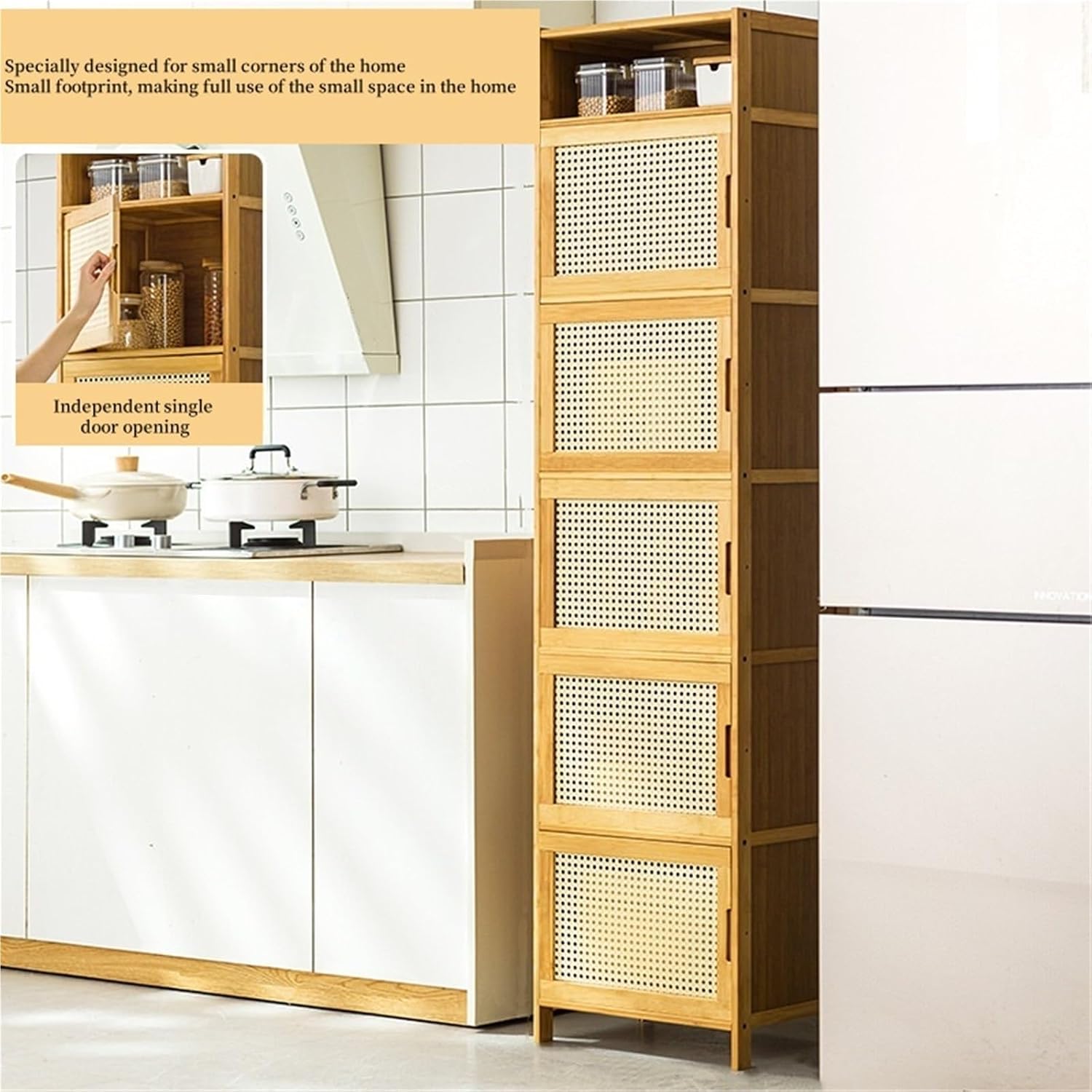 Narrow Kitchen Pantry Cabinet with Doors Storage Rack for Spices Free Standing Organizer Bamboo Storage Cabinet for Small Space Kitchen(43cm*32cm*97cm)
