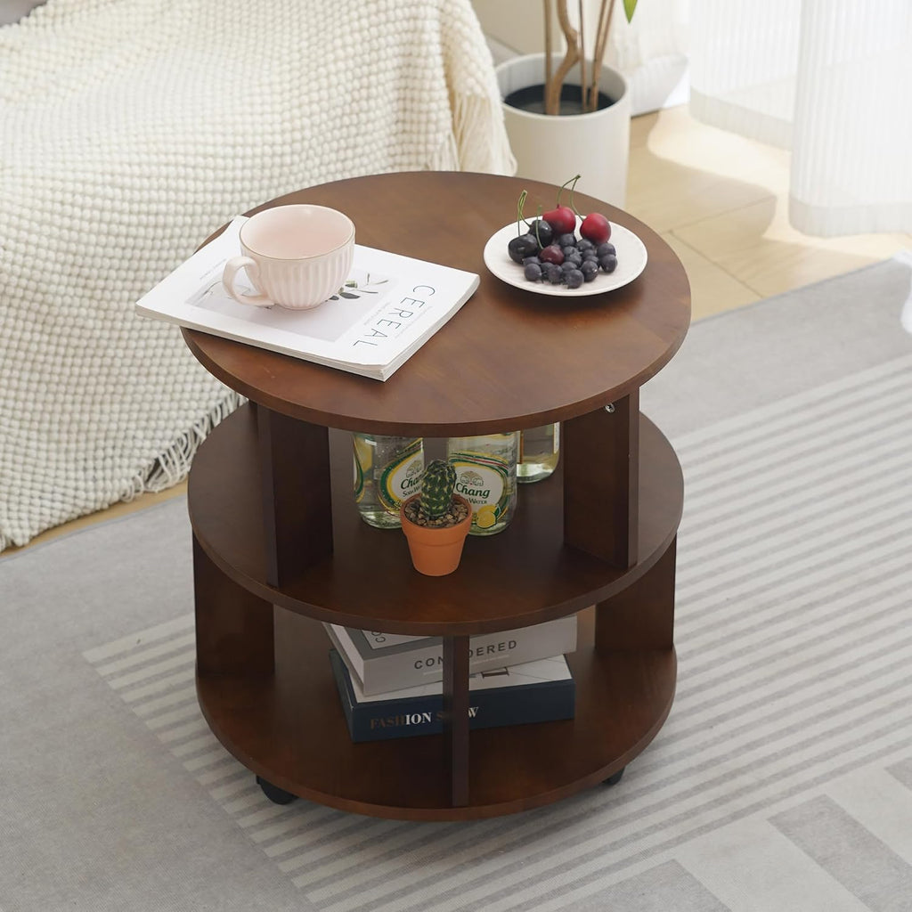 Solid Wood Coffee Table with Wheels,Modern Rolling Side Table for Living Room,Mobile Bedside End Table - Easy Assembly- Finish Circle Center Table with Lockable Casters