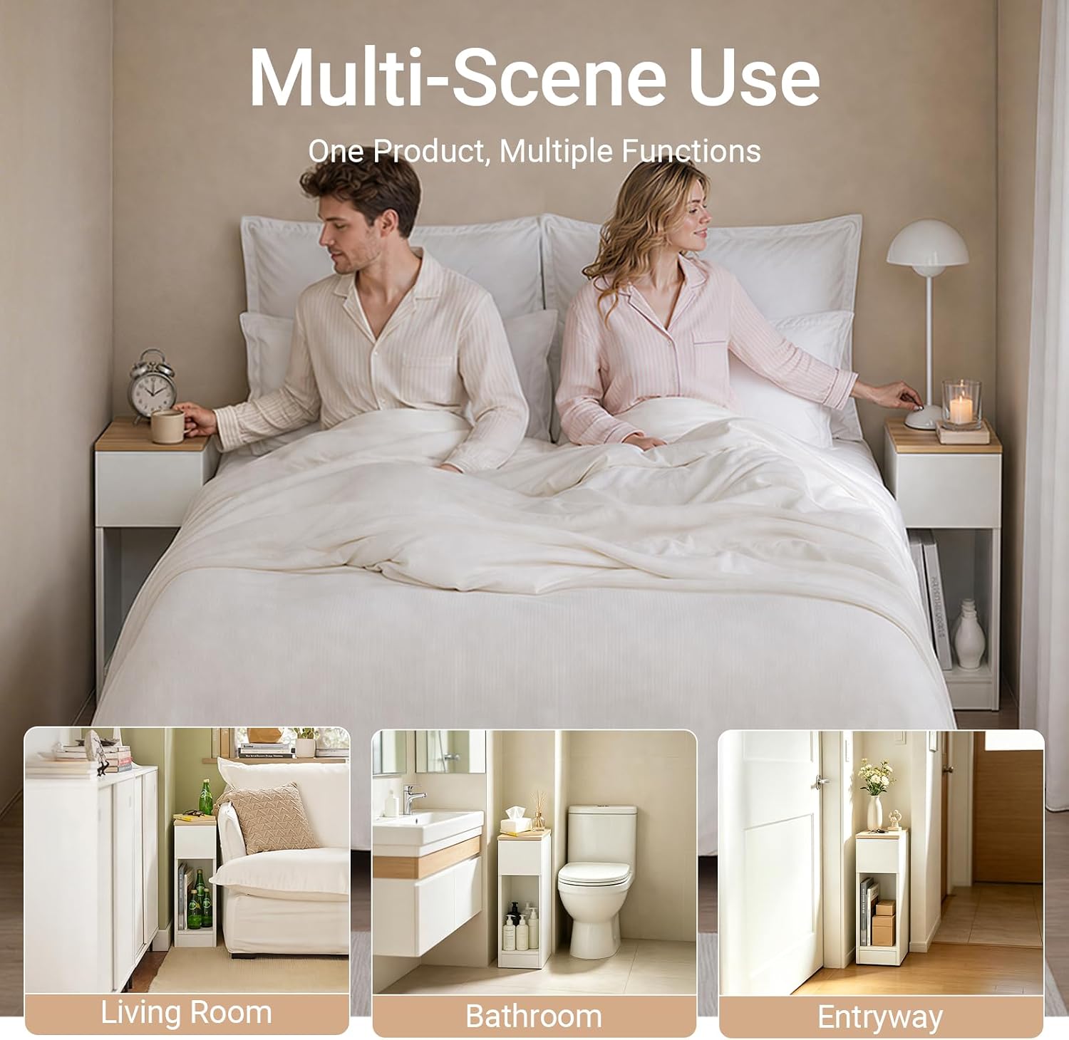 SoBuy Narrow Nightstand Set of 2 | Slim Bedside Tables with Drawers Suitable for Small Space, Small Side Tables Bedroom (White & Natural)