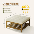 Befurtori Large Square Ottoman Coffee Table, Linen Solid Upholstered Footrest Ottoman with Solid Wood Shelf Storage Tufted Coffee Table for Bedroom Living Room, Ivory