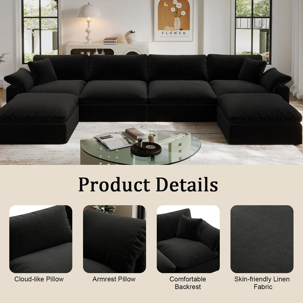 Modular Sectional Sofa Cloud Couch,Down Filled Comfy Cloud Modern Sofa,Black Linen L Shape Oversized Couch Cushion Covers Removable Furniture for Living Room