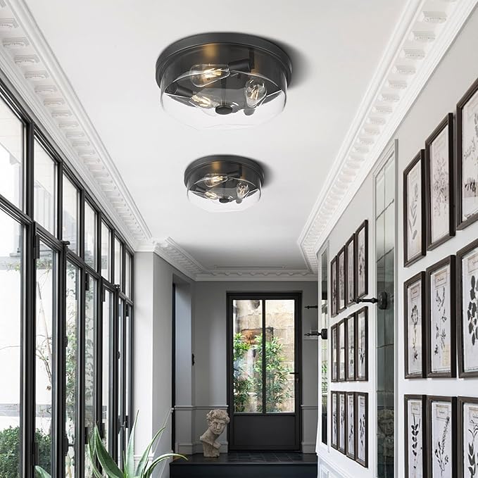 Flush Mount Ceiling Light with Clear Glass Shade, 3-Light Indoor Outdoor Farmhouse Lighting Flush Mount Lights for Kitchen Bedroom Porch Living Dining Room (Black)