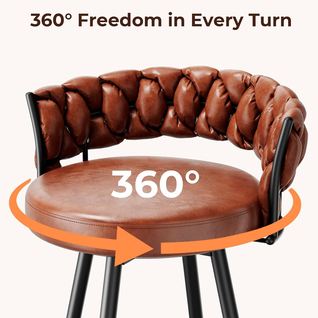 26" Counter Height Bar Stools Set of 3, Premium Faux Leather Barstools | Upholstered 360°Swivel Bar Chairs with Woven Backs Support & Heavy Duty Metal Legs for Kitchen Counter, Easy Assembly, Brown