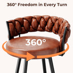 26" Counter Height Bar Stools Set of 3, Premium Faux Leather Barstools | Upholstered 360°Swivel Bar Chairs with Woven Backs Support & Heavy Duty Metal Legs for Kitchen Counter, Easy Assembly, Brown