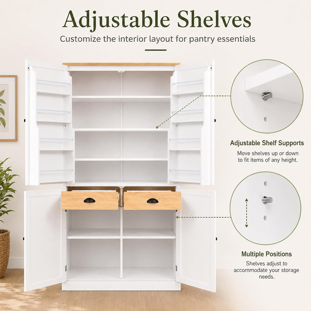 71" Tall Kitchen Pantry Storage Cabinet with 8 Door Shelves and 2 Storage Compartments, Two-Tone Freestanding Food Pantry Cabinet with Adjustable Shelves for Kitchen, Dining Room