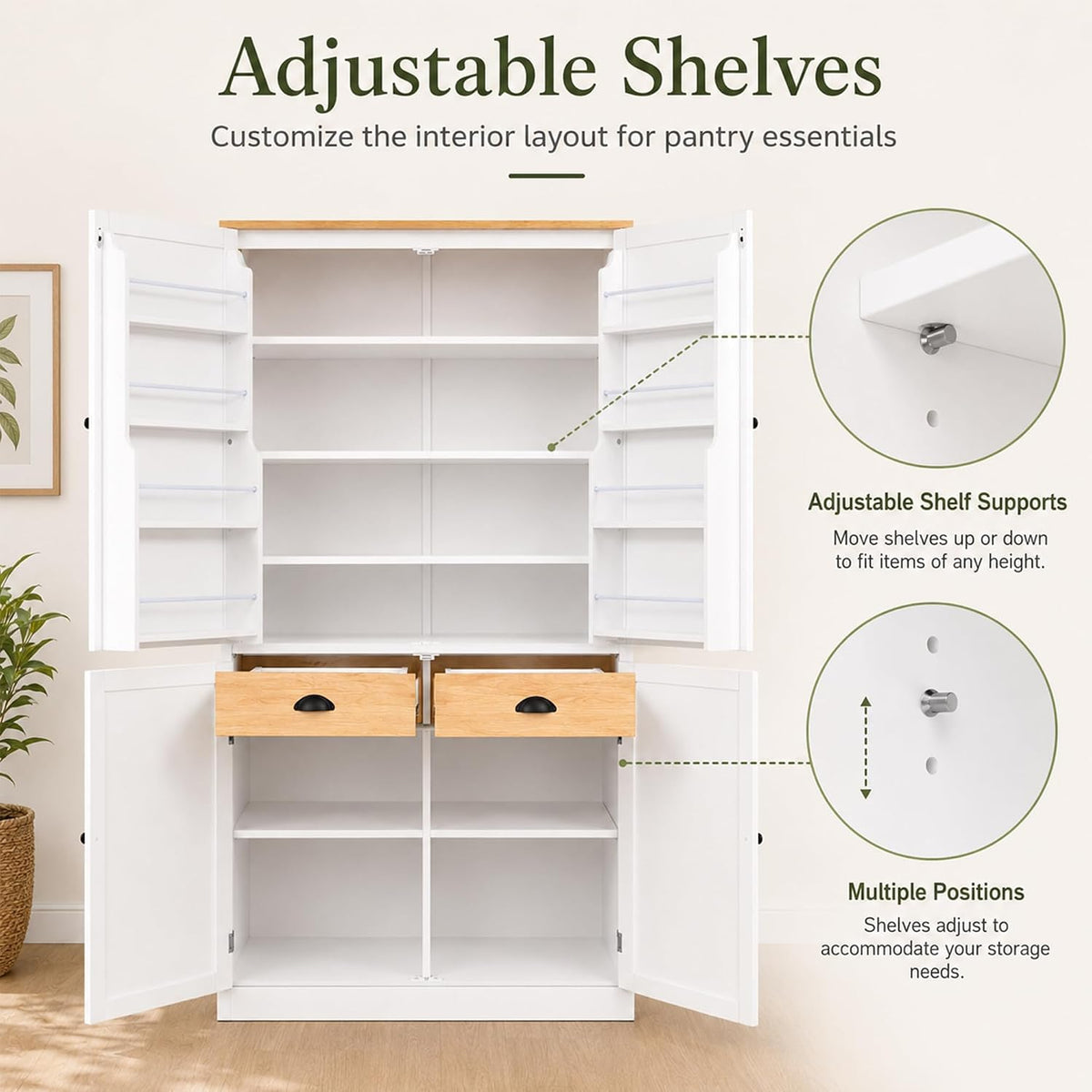 71" Tall Kitchen Pantry Storage Cabinet with 8 Door Shelves and 2 Storage Compartments, Two-Tone Freestanding Food Pantry Cabinet with Adjustable Shelves for Kitchen, Dining Room
