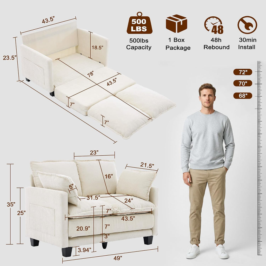 49" Loveseat Sofa Bed, 2 in 1 Convertible Small Sofa Pull Out Couch Bed Chenille Deep 2 Seat Sleeper Twin XL Futon Mattress for Small Spaces Living Room Bedroom Apartment Office, Beige