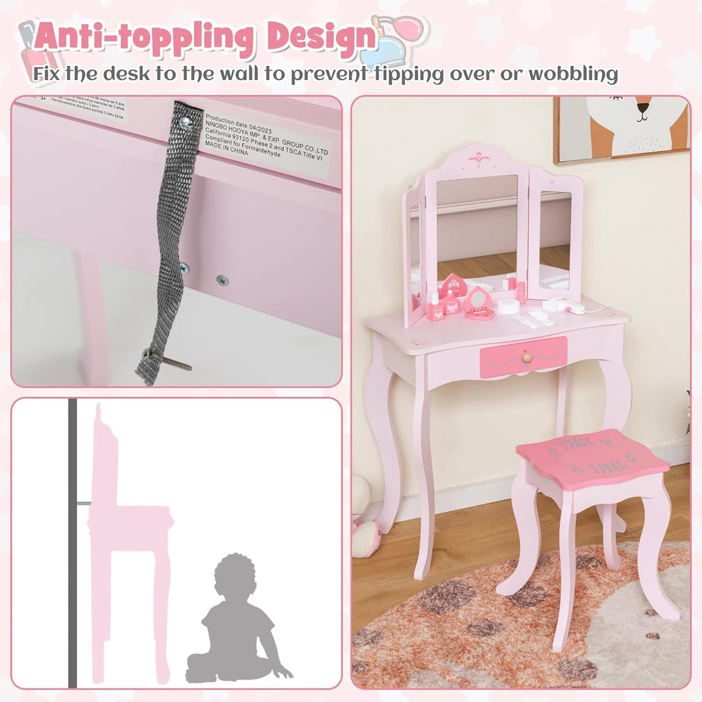 INFANS Kids Vanity, 2 in 1 Wooden Princess Makeup Table and Stool Set with Tri-Folding Detachable Mirror 10 Accessories, Toddler Pretend Beauty Dressing Play for Girls Aged 3+