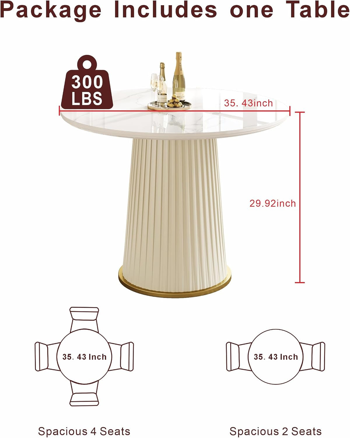 Round Dining Table with Marble Grain Top for 4-6 People,35.43 Inches Dining Room Table with Pleated PU Leather Pedestal Base, Circle Kitchen Tables for Dining Room, Kitchen, Living Room